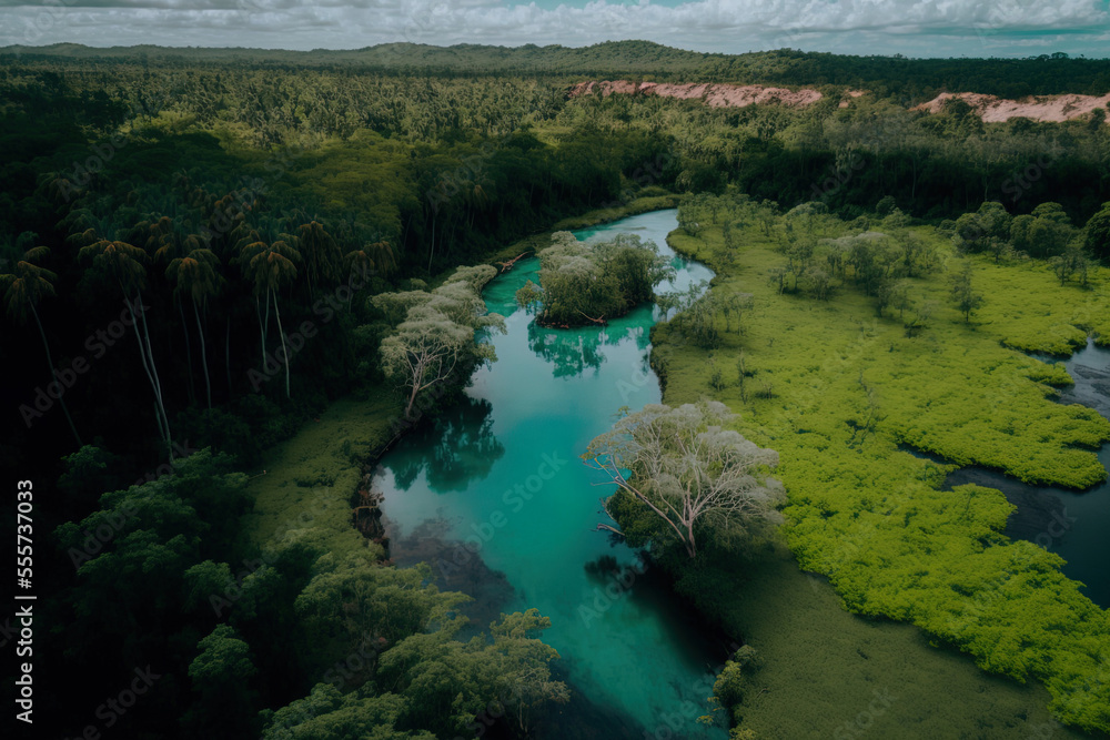 a vast, green grass forest with tall trees and a wide, blue, bendy river running through the forest in the Philippine island of Bohol, as seen from a drone. Generative AI