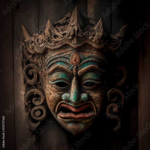 Old wood hindu mask, cracked, used. Image of Hindu God carved on wood. AI generated photorealistic image of an old wooden mask. Digital art