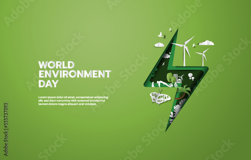 World Environment Day, green city save planet of people and living things and energy concept, paper illustration and 3d paper.