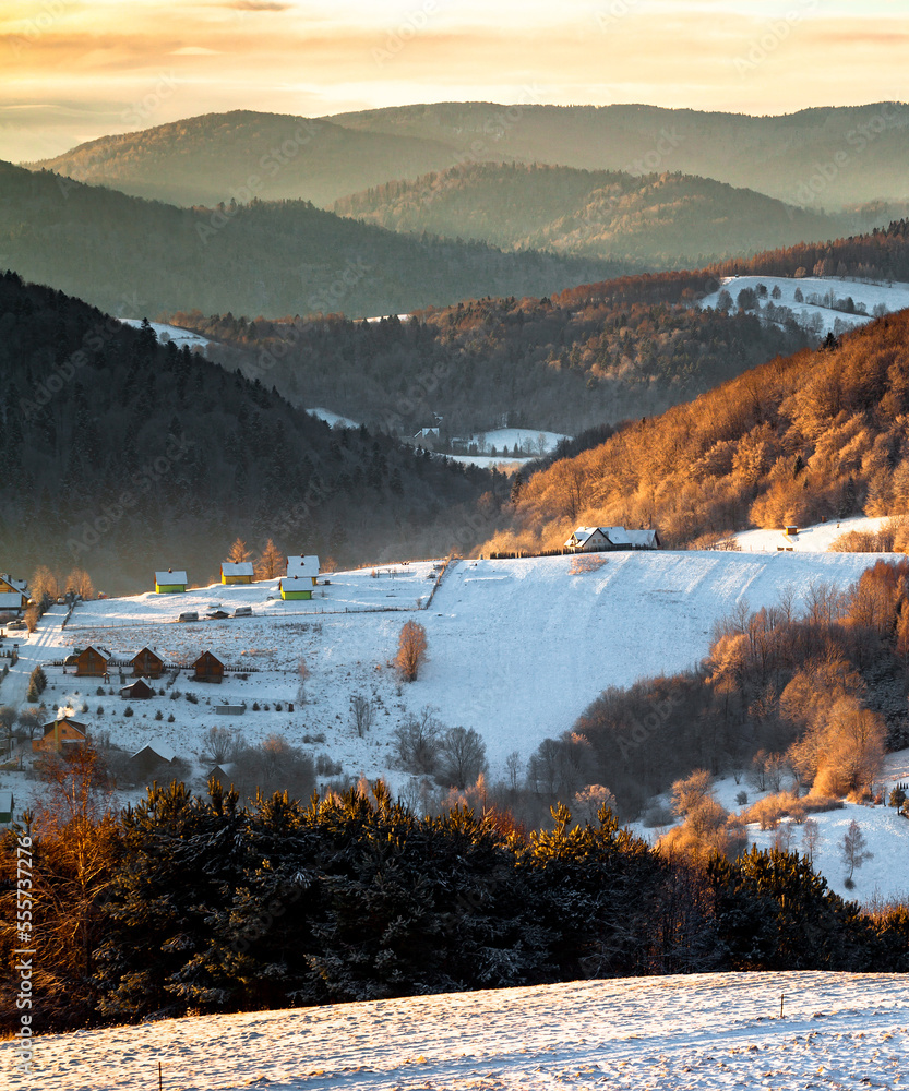 Mountain village covered by snow