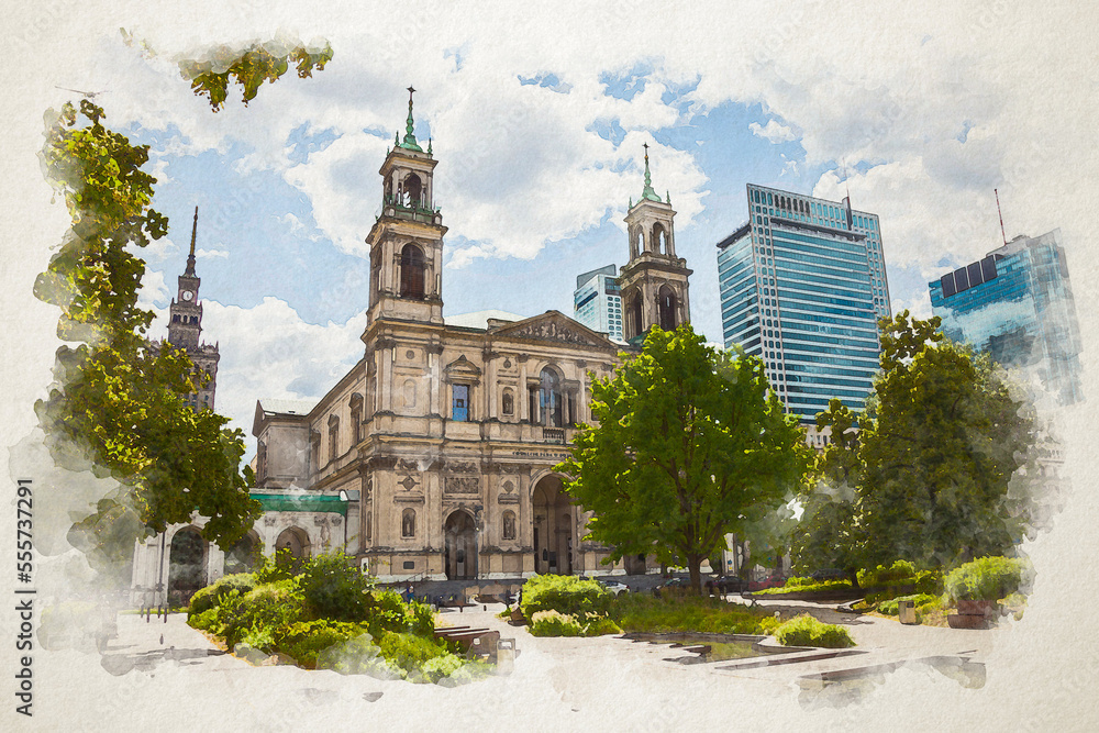 Obraz premium Street of a European city. Old town landmark. Watercolor illustration style. Tourist route. Sights attractions. Building house Warsaw Poland. All Saints Church, Grzybowski Square. Plac Grzybowski.