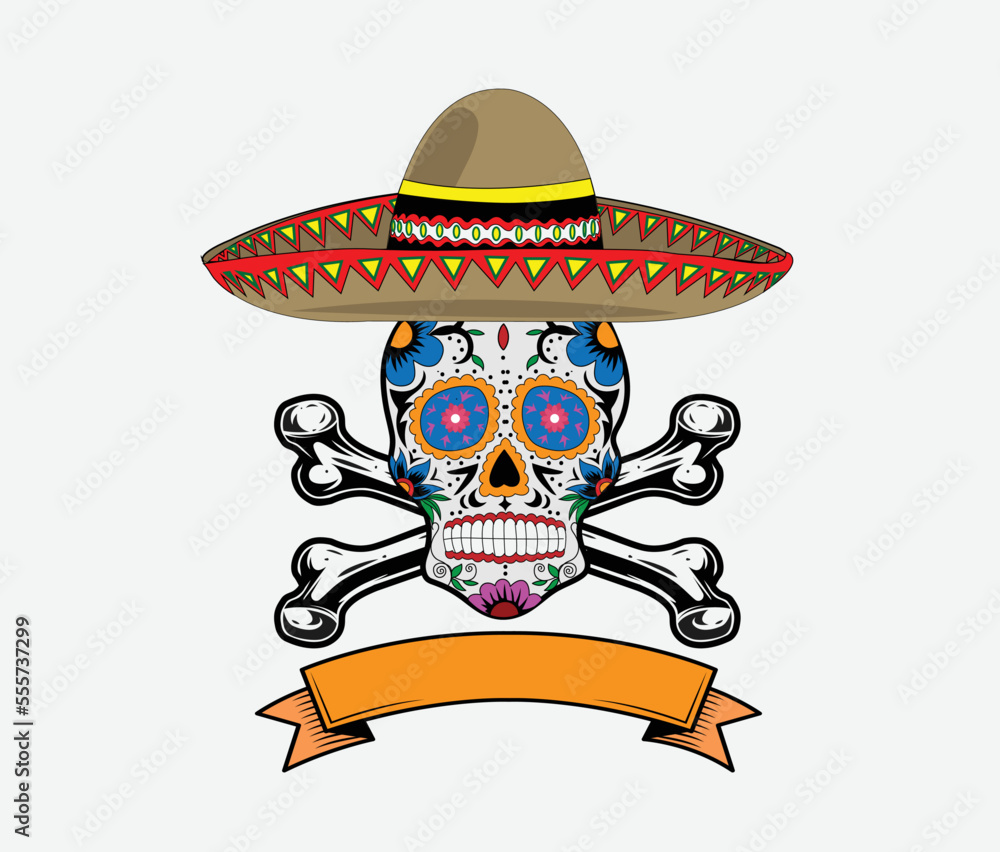 Obraz premium Sugar skull sombrero vector illustration