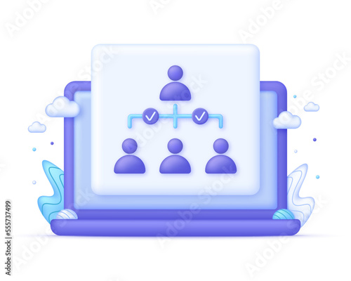 3d Hierarchy Icon on Computer. Enterprise management subordinate structure. Delegating, assignment.