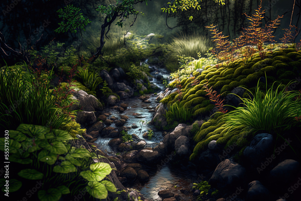 a scene with a stream and vegetation. Generative AI