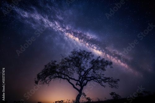 A tree's silhouette and the Milky Way in Phu Hin Rong kla National Park Thailand's Phitsanulok long exposure image with grain. Generative AI