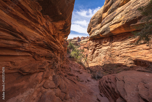 hiking the chesler park loop trail in the needles in canyonlands national park, usa