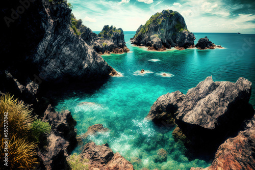 A view of the crystal clear water and rugged rocks under the hot heat. cape promthep. Thailand's Phuket Point of View. Generative AI