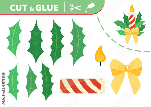 Christmas candle. Cut and glue. Application work. Paper game. Vector