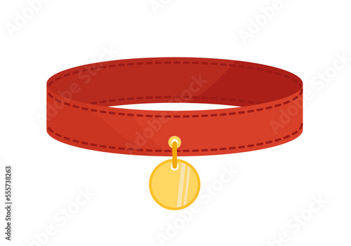 Billede på lærred Red dog collar with gold token. Pet collar. Cartoon, flat, vector