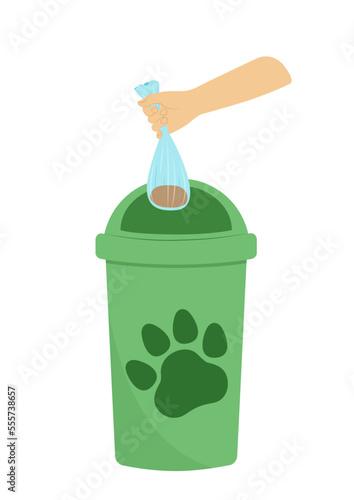 Hand is throwing away dog bag of poop in trash can. Flat, cartoon, vector