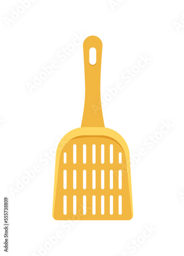 Yellow scoop for cat toilet or litter box. Cartoon, flat, vector