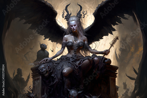 A gorgeous angel lady with shimmering wings plays the violin while perched on a giant held stone platform, surrounded by unsettling black horned shadows of bloodthirsty demons. art. Generative AI