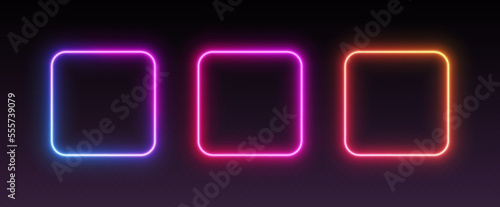 Neon square frames, gradient glowing borders, isolated UI elements. Futuristic avatar frames for game interface. Vector illustration.