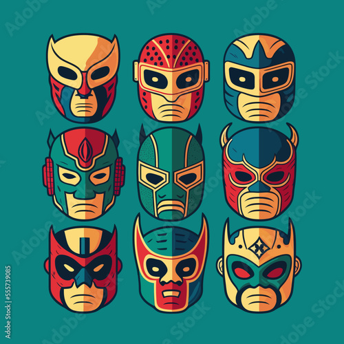 Modern traditional Mexican wrestling masks hand-drawn isolated on a white background.