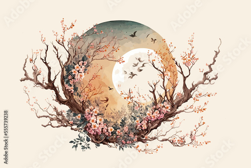 An artistic landscape with a cherry tree, cherry blossoms and sunset painted with watercolor texture in vintage style. Isolated on background. Cartoon flat vector illustration