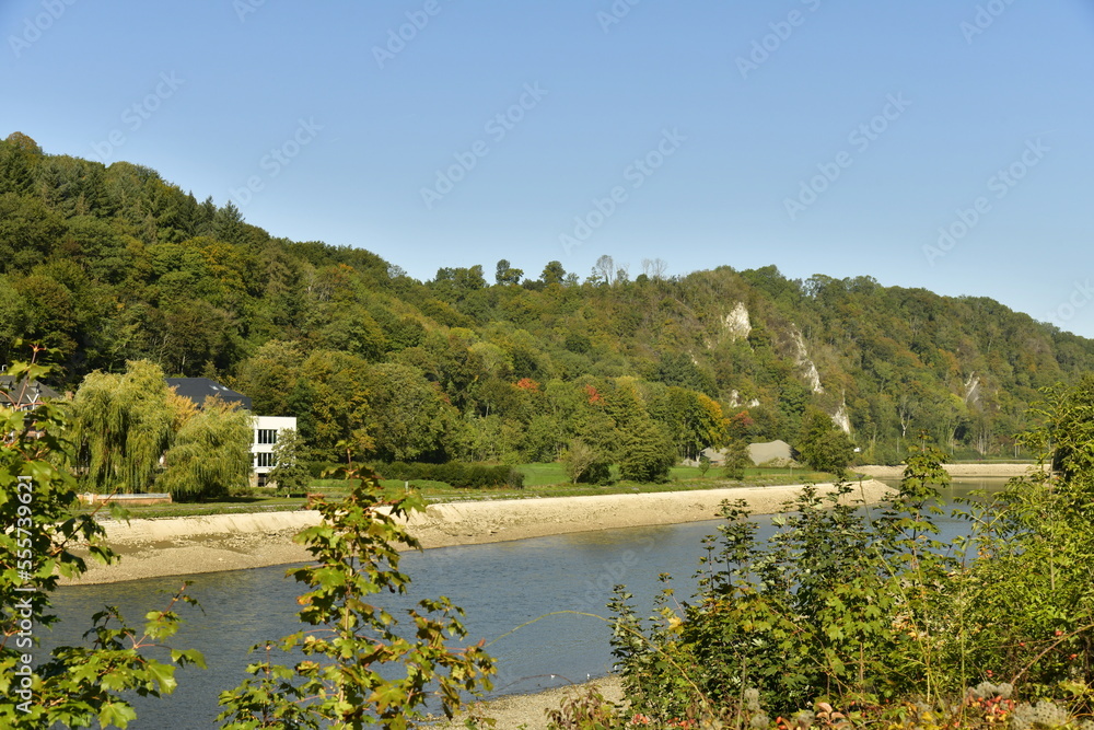 Obraz premium La Meuse à Yvoire en très basse eaux dû à la sécheresse historique de l'été 2022 en province de Namur 