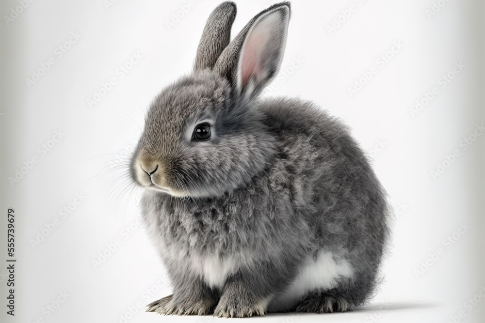 A gray, fluffy bunny scans the sign. On a white backdrop, alone. Spring rabbit. Generative AI