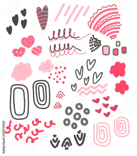 Colored vector set of abstract elements, inkblots and doodle elements. Elements are pink, red, black. Artistic collection for the design of business cards, postcards, banners, invitations