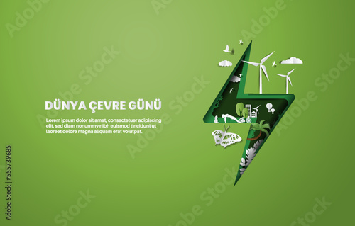 Dünya Çevre Günü.  Save planet of people and living things and energy concept, paper illustration and 3d paper.
Translation: World Environment Day.
