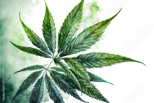 a leafy green branch of the medical cannabis plant Cannabis sativa  often known as marijuana . Illustration of a watercolor  hand drawn painting  isolated on a white backdrop. Generative AI