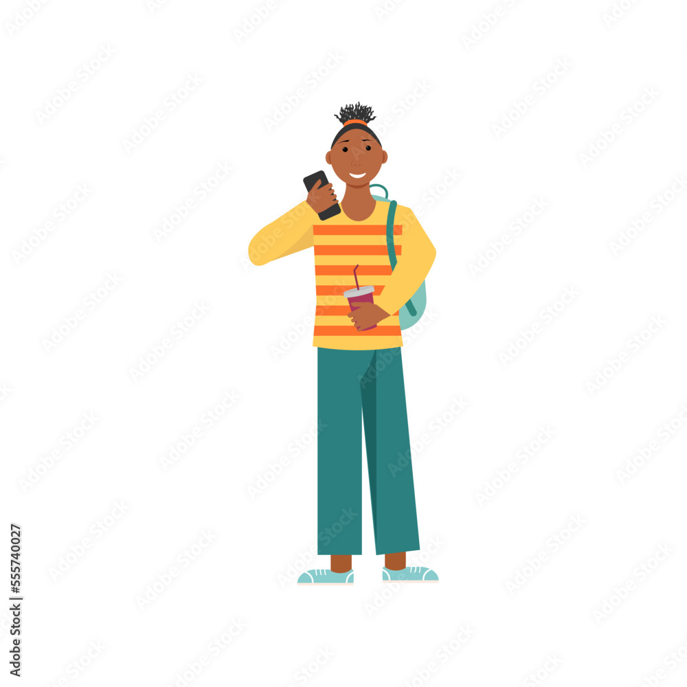 African girl with a phone in her hand. Vector illustration. For covers, brochures, promotional booklets, social networks.