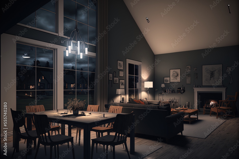 a nighttime view of the dining room and living room. Generative AI