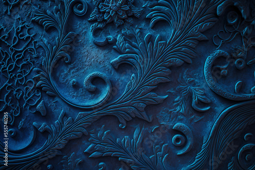 a navy blue stucco wall texture with an abstract grunge ornamental relief. broad shot, textured, colourful background. Generative AI