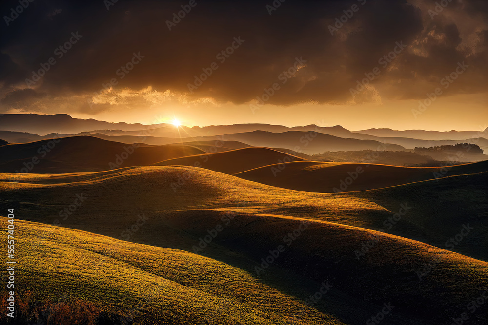 Beautiful serene landscape with hills at sunset (Generative AI)