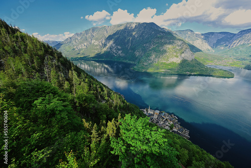 Panoramic view from above of scenic landscape over Austrian alps lake in Hallstatt, Austria.
