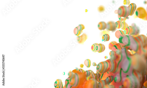 Digital background of flying  flowing spheres  metaballs.  Rainbow colorful substance slime frame in the corner isolated on white background. Subsurface scattering . Depth of field. 3D render