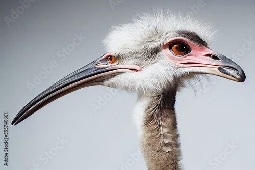 Portrait of deformed ostrich bird with two beaks and two sets of eyes as side effect of digital engineering (Generative AI)