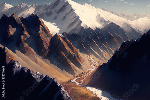 a high angle view of the high mountains in the afternoon with minimal snow on them. Generative AI
