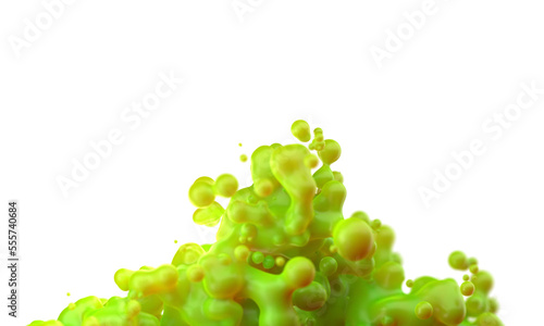 Digital abstract futuristic background of flying, flowing spheres, metaballs. Green yellow toxic acid substance slime isolated on white background. Subsurface scattering . Depth of field. 3D render