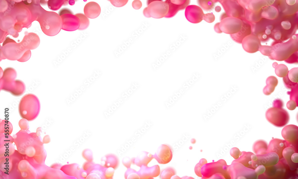 Digital abstract futuristic background of flying, flowing spheres, metaballs.  Framed into circle slime pink substance isolated on white background. Subsurface scattering . Depth of field. 3D render