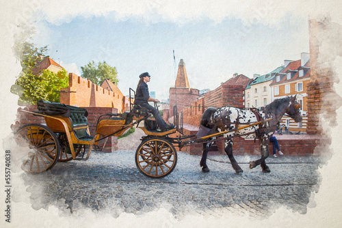 A cart harnessed with a rider. Horse riding tourists on an excursion route in the center of the old city. Warsaw Poland.