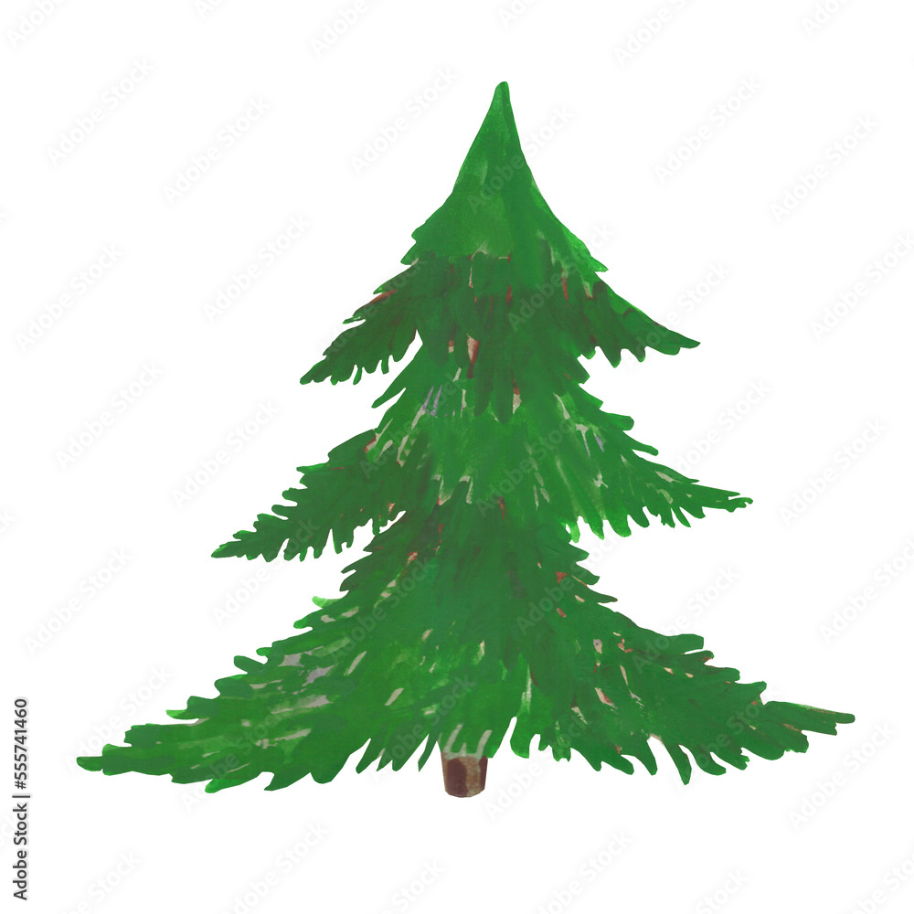 green Christmas tree without toys painted in watercolor in a primitive style for curating a New Years design, print products, fabric