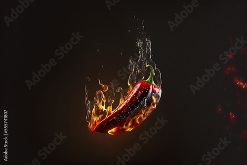 Chilli Pepper on fire falling down on a black background. Generative AI.