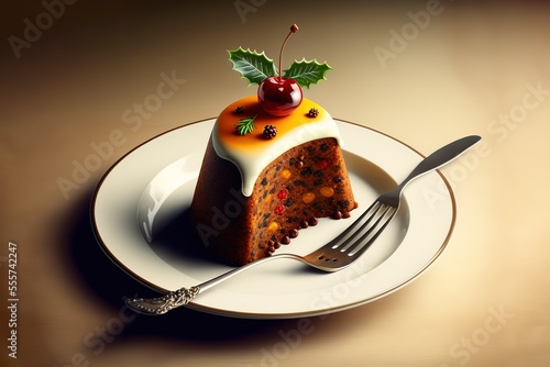 Christmas fruit cake, pudding on white plate. Copy space photo