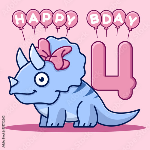 Happy 4th birthday card. Cute triceratops with bow and balloons. Flat vector illustration. © Anamarija