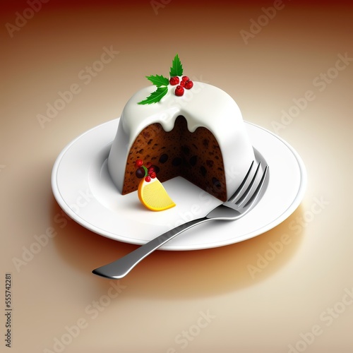 Christmas fruit cake, pudding on white plate. Copy space photo