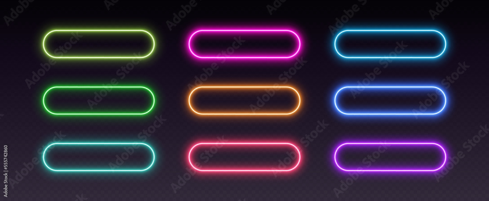 Neon button frames, gradient glowing borders, isolated UI elements. Futuristic rounded action buttons. Vector illustration. - obrazy, fototapety, plakaty 
