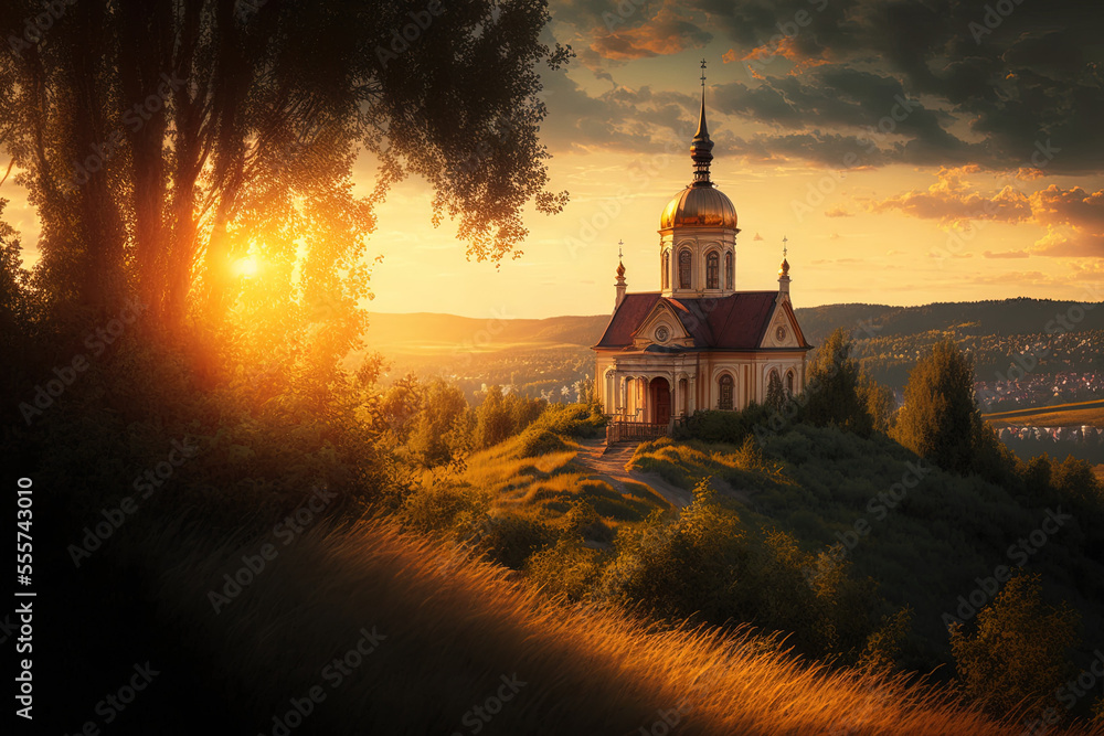 A church perched on a hill overlooking a summer landscape in the light. Bysicky chapel in the Czech Republic's SPA town of Lazne Belohrad. a golden sunset light. Generative AI