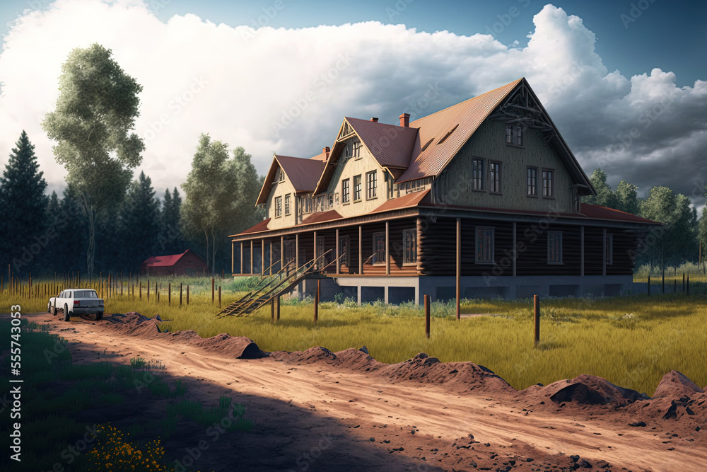 Obraz premium work underway on a rural home. Far from the city housing Land in the country. property investment suburban building. building of wooden dwellings. Generative AI