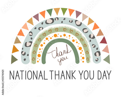 National Thank You Day greeting concept. Cute rainbow, garland and thank you text on white background