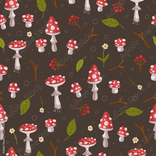 A fly swatter pattern on a brown background. Fly agaric mushrooms. 