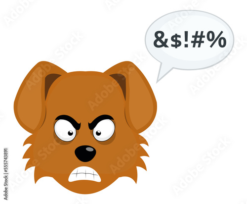 vector illustration of the face of a cartoon dog with an angry expression and a dialogue bubble with an insult text