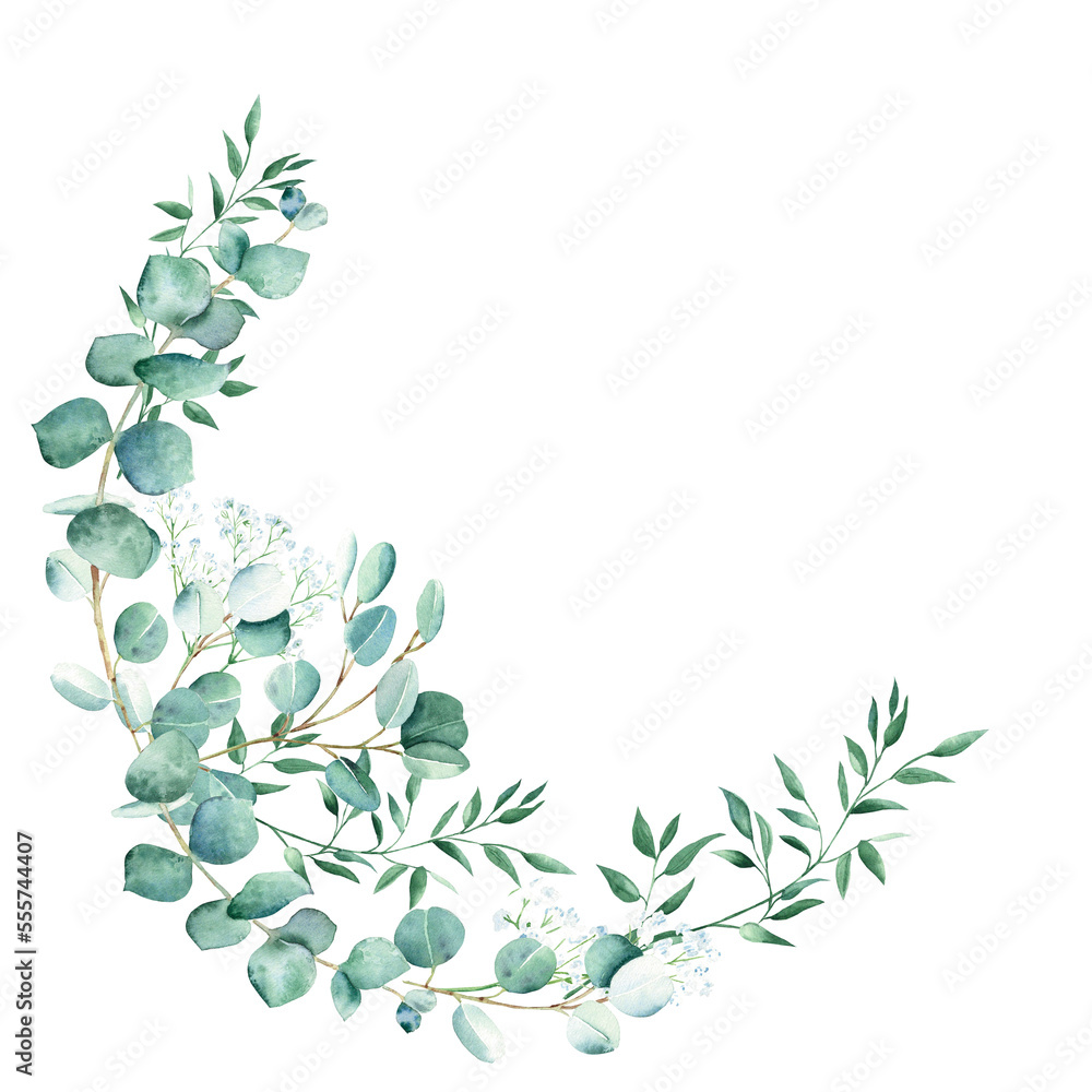 Watercolor greenery wreath, eucalyptus, gypsophila and pistachio branches. Rustic foliage. Hand drawn botanical illustration isolated on white background. Ideal for stationery, invitations, save the