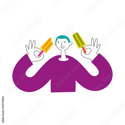 Person eats traditional mexican ice cream paletas. Man holds Latin American dessert in hands. Vector flat illustration.