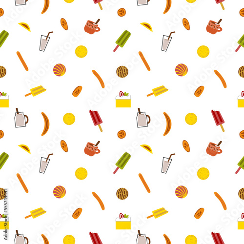 Traditional mexican desserts (churros, tres leches, paletas, coyotas, conchas) seamless pattern. Latin American donut, pastry, ice cream, cake background. Vector flat illustration.