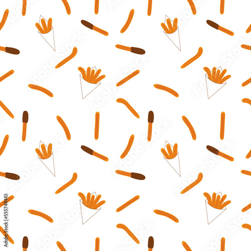 Traditional churros with chocolate sauce seamless pattern. Spanish and Latin American donut pastry background. Vector flat illustration.